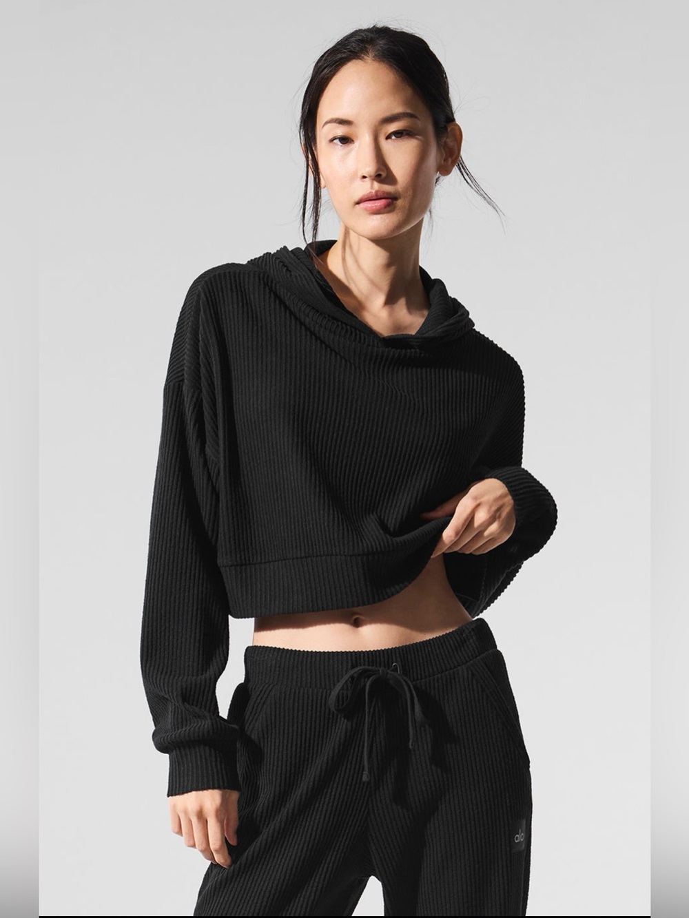 Alo Yoga Muse Hoodie Black Ribbed Cropped Oversized Pullover Small